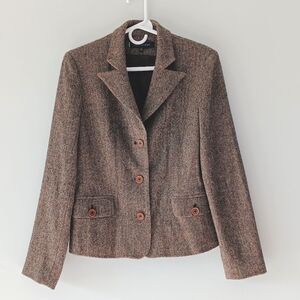 Anne Klein Wool Blazer Brown Tweed Tan Red Herringbone Pockets Lined Size 8